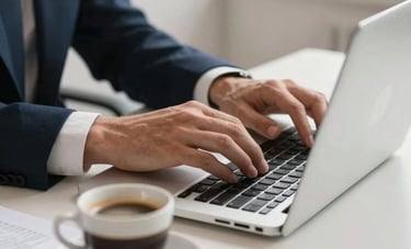 Close-up of a professional Southern European person's hands using a sleek silver laptop in a minimalist office. An espresso cup sits on the desk next to some neatly stacked documents. The lighting is soft and professional, conveying efficiency and precision. Colors include dark blue and off-white.