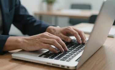 Close-up of hands typing on a high-end laptop in a clean, contemporary North American office space. The lighting is crisp and professional, suggesting trust and serious research.