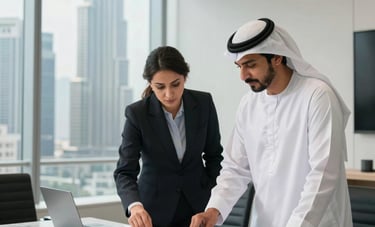 A clean, minimalist photograph of a corporate boardroom in a modern skyscraper in Dubai. Two professionals in elegant business attire are reviewing high-end product samples on a marble table. Sophisticated natural light, Middle Eastern / Gulf business setting.