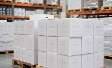 A high-end, brightly lit interior of a modern, organized wholesale warehouse in a Middle Eastern / Gulf industrial zone. Neatly stacked pallets of boxed premium goods are shown with a shallow depth of field. Clean, white, and professional atmosphere.
