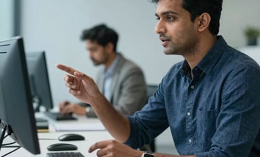A professional setting showing a South Asian expert gesturing toward a clean, organized office environment where technology and collaboration meet. Soft light blue and dark blue palette.
