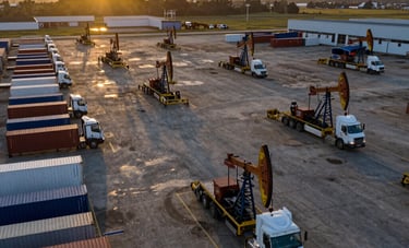 An aerial wide-shot of a well-organized oil field logistics hub with industrial transport trucks and shipping containers, sunset lighting casting long shadows, gold and navy blue color palette, International / Global.