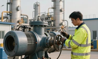 A sharp, clear photograph of an industrial technician in high-visibility professional gear performing maintenance on a large hydraulic pump system, soft natural daylight, modern refinery setting, International / Global.