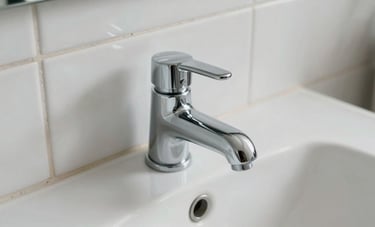 Close-up overhead shot of freshly cleaned white ceramic tiles and polished chrome tap in a bathroom, natural north-facing light, no people, sharp detail on grout lines and dry surface
