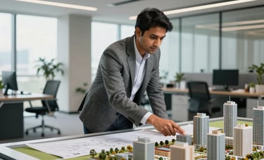 A sophisticated South Asian professional consultant in a modern office setting, pointing to a scale model of an urban development. The scene includes blueprints, sleek office decor, and bright natural light. Trustworthy and professional mood.