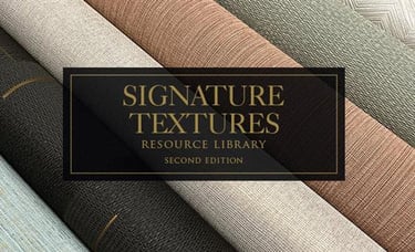 Signature Textures textured wallpaper swatches and a room interior with brown fabric effect wallcovering.