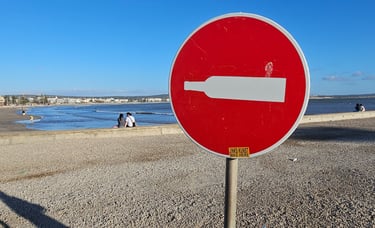 Détournement de panneaux de signalisation représentant une bouteille de bordeaux sur un sens interdi