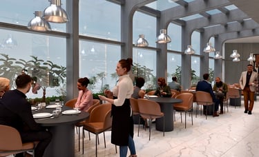 3D-rendered upscale restaurant with large windows, elegant lighting, vibrant ambiance –by SketchyCAD