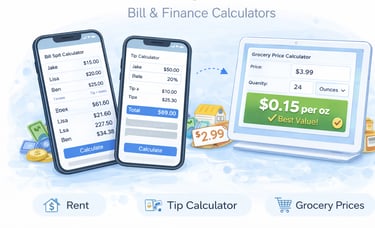 Money tools dashboard showing bill splitting, grocery price comparison, rent sharing, and travel expense calculators