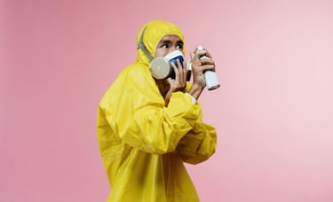 A man in full ppe with a spray bottle
