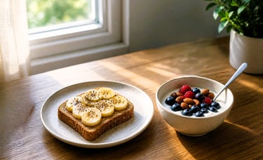healthy breakfast plate with toast and berries — easy morning healthy habit within first hour