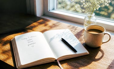 open journal beside coffee mug in morning light — self care morning routine one line intention