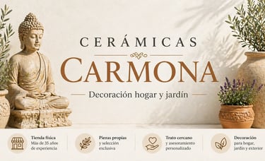 Cerámicas Carmona home and garden decoration shop with Buddha statue and ceramic pots.