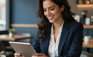 A professional Latin American female entrepreneur smiling in a well-lit modern cafe, reviewing business plans on a tablet, soft lighting, professional photography, color accents of dark blue and gold in the background.
