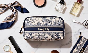 "The Porcelain Garden" GWP collection: a blue and white patterned cosmetic pouch set.