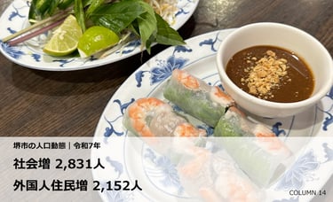 ベトナム料理を背景に堺市の人口動態の社会増 2,831人と外国人住民増 2,152人の文字|堺市のニュースならサカイタイムズ