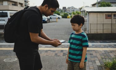 スマホを使って小学生に声をかける外国人のイメージ画像|堺市のニュースならサカイタイムズ