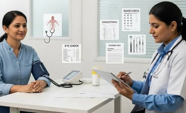 Preventive health checkups in India showing doctor reviewing blood pressure, sugar and test reports