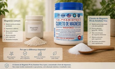 comparação cloreto de magnésio pa puro e magnésio comum mostrando diferença de pureza absorção ametista viva alphabiotec