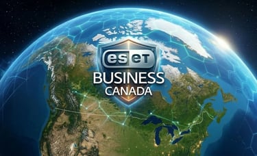 Digital map of Canada from space displaying ESET BUSINESS CANADA endpoint security coverage.