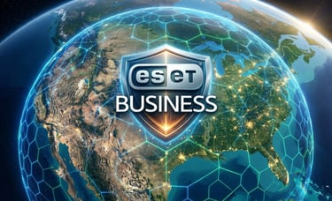 Orbital view of USA continent with ESET BUSINESS antivirus shield glowing over major economic hubs.