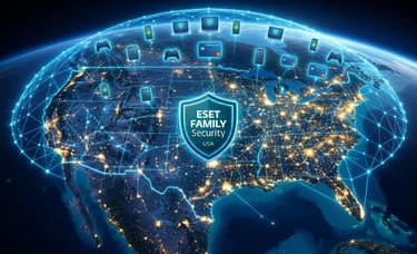 High-altitude orbital view of USA protected by ESET FAMILY Security shield, covering 15 devices nationwide.