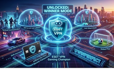 3D ESET VPN with UWINPERFECT victory screen and safemoney.cloud secure cards for US gamers.