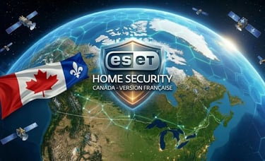 Orbital view of Canada protected by a glowing ESET HOME SECURITY shield (French Version) and a secure network from space.
