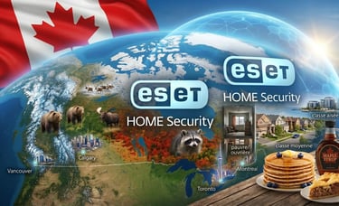 Detailed orbital photograph of the Canadian landmass from space protected by an ESET HOME Security digital grid.