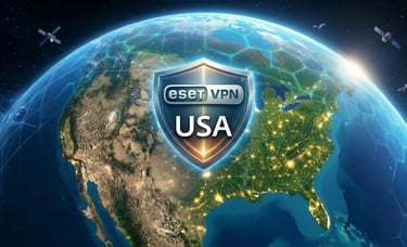 Earth globe centered on North America with ESET VPN USA logo and secure satellite communication network.
