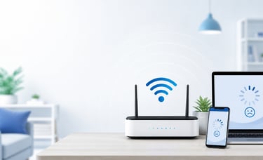 Home router and phone showing slow Wi-Fi troubleshooting guide
