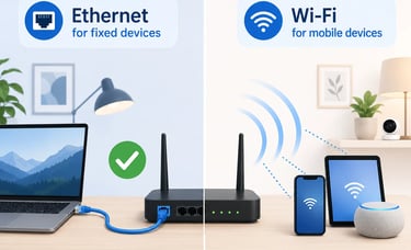 Ethernet cable connected to a router beside Wi-Fi devices using wireless signal at home.