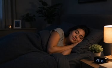 A woman sleeping peacefully in a dark bedroom with a bedside lamp and digital clock.