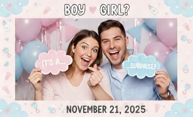 Happy couple at a gender reveal party holding cloud signs surrounded by pink and blue balloons.