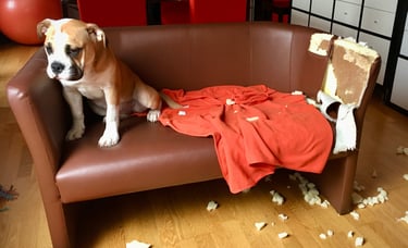 Un bouledogue continental sur un canapé détruit
