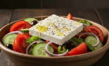 Σαλάτα χωριάτικη - ελληνική σε μπόλ με λαχαικά και φέτα τυρί.