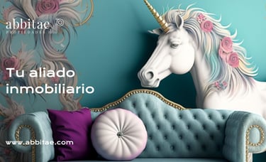 Un unicornio detrás de un sofá de terciopelo en un salón verde