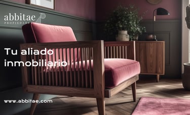 Un sillón rosa y una planta al fondo.