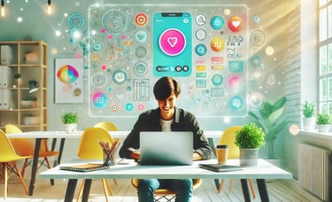 a man sitting at a table with a laptop in a futuristic scene