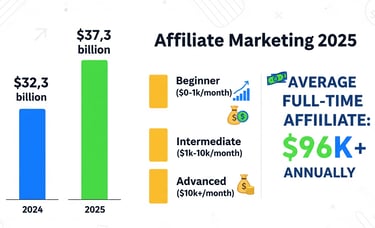 Illustrating affiliate marketing industry growth from 2024 to 2025 and different earning tiers