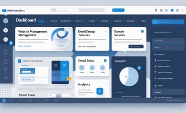 a dashboard with the following deisplay website management, email settup services, domain services,
