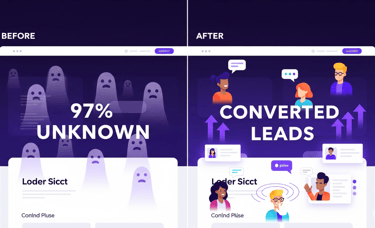 Split-screen showing anonymous website visitors on the left and converted leads on the right.