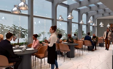 3D-rendered upscale restaurant with large windows, elegant lighting, vibrant ambiance –by SketchyCAD