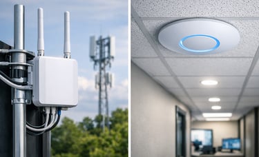 Indoor and outdoor wireless access points providing high-speed network connectivity and internet signal.