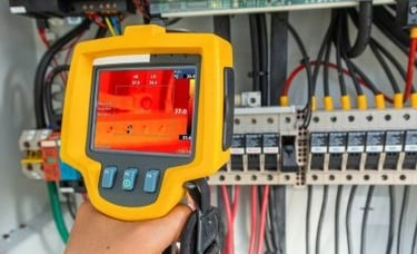 Man holding a thermal imaging camera up to an electrical panel