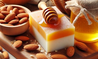 bar of soap with jar of honey and bowl of almonds