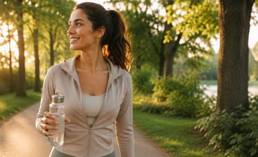 Smiling woman holding a water bottle while walking in a park at sunset for fitness.