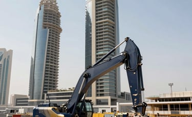 A high-angle professional architectural shot of a modern construction site in Ajman, UAE, featuring heavy machinery and the skeleton of a luxury building against a bright clear sky, with subtle deep navy blue and metallic gold accents in the equipment.