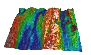 High resolution surface topography colour map taken on an optical profiling microscope to sub-micron