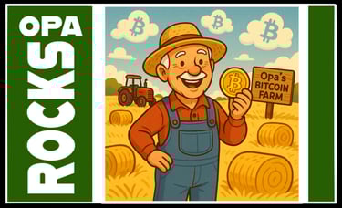 Opa Rocks Cartoon of Old Farmer Farming Bitcoin